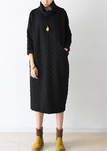 Autumn Black Cotton Dresses Long Sleeve Warm Winter Dress High Neck Caftans