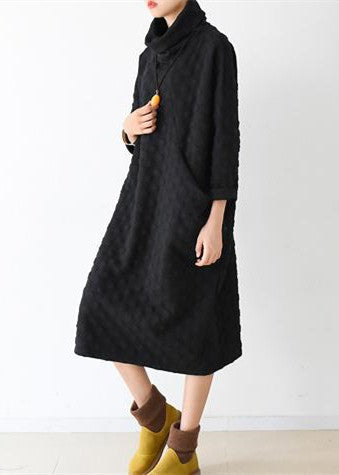 Autumn Black Cotton Dresses Long Sleeve Warm Winter Dress High Neck Caftans