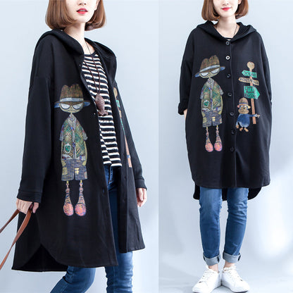 Autumn Black Print Cotton Coats Low High Hooded Trench Coats