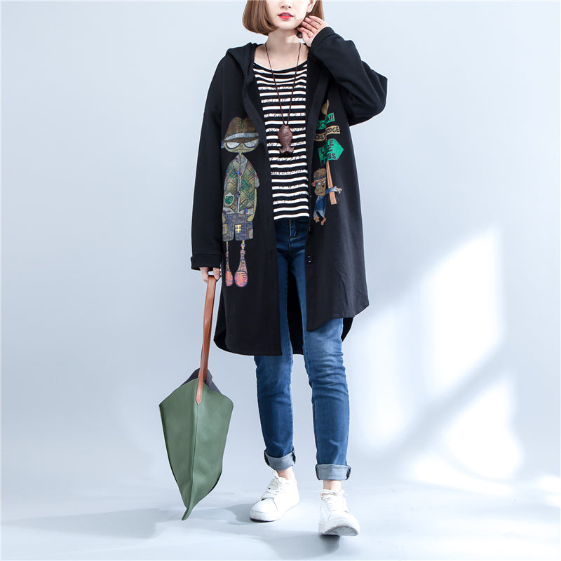Autumn Black Print Cotton Coats Low High Hooded Trench Coats