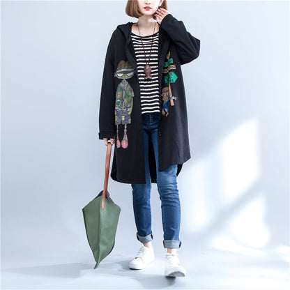 Autumn Black Print Cotton Coats Low High Hooded Trench Coats