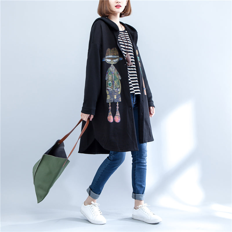 Autumn Black Print Cotton Coats Low High Hooded Trench Coats