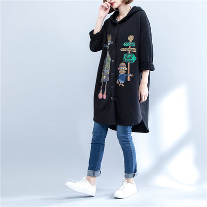 Autumn Black Print Cotton Coats Low High Hooded Trench Coats