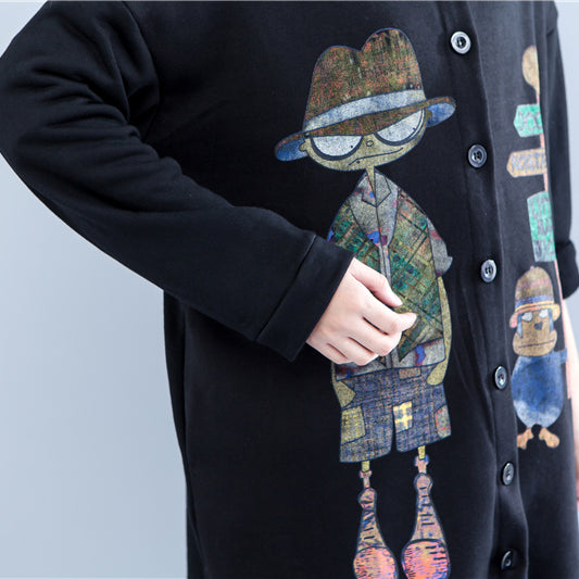 Autumn Black Print Cotton Coats Low High Hooded Trench Coats