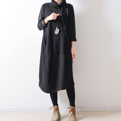Autumn Black Shoulder Zipper Linen Dresses Cotton Patchwork Caftans Gowns