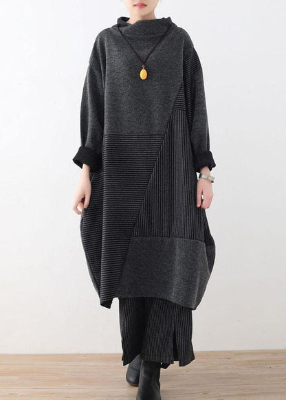 Autumn Gray Striped Sweater Tops and Wide Leg Knit Pants Two Pieces