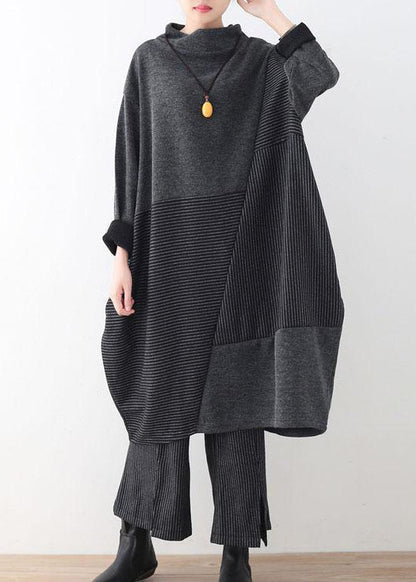 Autumn Gray Striped Sweater Tops and Wide Leg Knit Pants Two Pieces