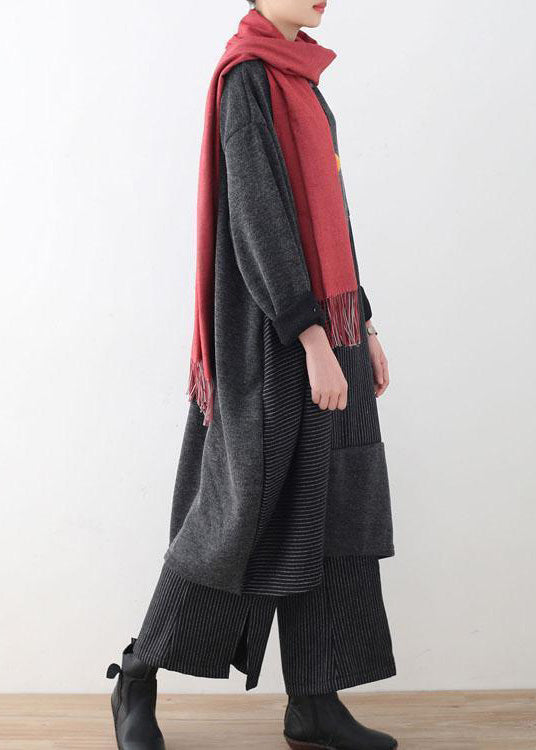 Autumn Gray Striped Sweater Tops and Wide Leg Knit Pants Two Pieces
