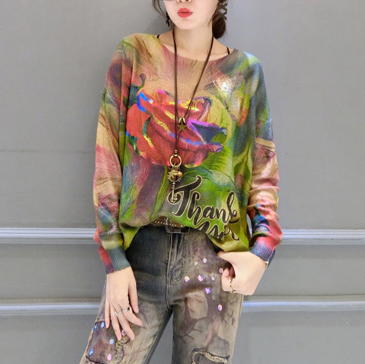 Autumn New Roses Prints Cotton Knit Tops Lon Sleeve Sweater