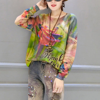 Autumn New Roses Prints Cotton Knit Tops Lon Sleeve Sweater