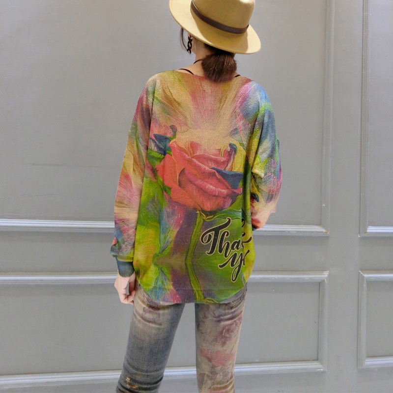 Autumn New Roses Prints Cotton Knit Tops Lon Sleeve Sweater