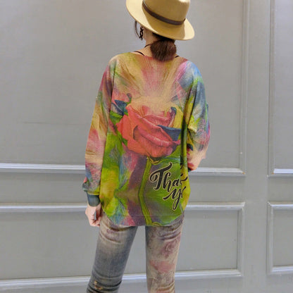Autumn New Roses Prints Cotton Knit Tops Lon Sleeve Sweater