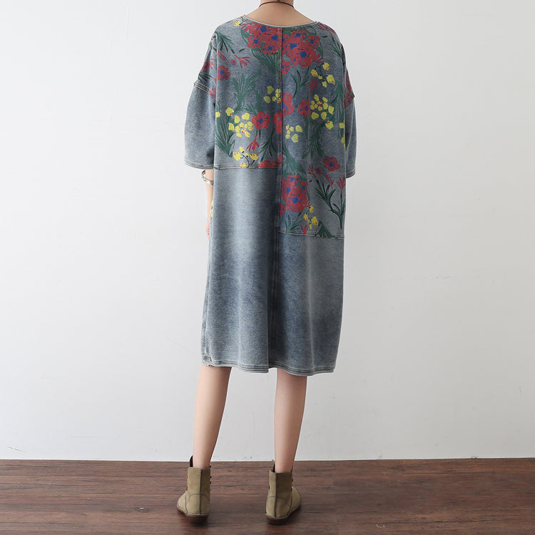 Autumn Oversize Denim Dresses Blooming Flowers Denim Shirts