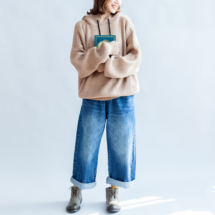 Autumn Thick Khaki Cotton Sweateres Hooded Lantern Sleeve Knitted Tops
