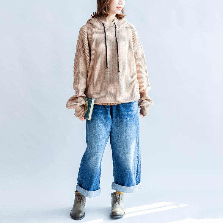 Autumn Thick Khaki Cotton Sweateres Hooded Lantern Sleeve Knitted Tops