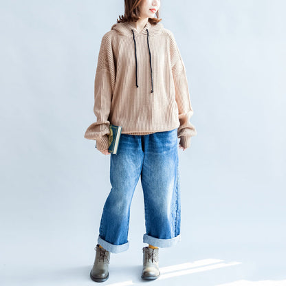 Autumn Thick Khaki Cotton Sweateres Hooded Lantern Sleeve Knitted Tops