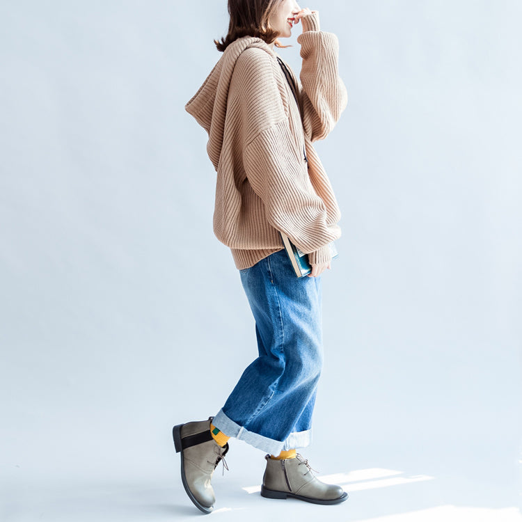 Autumn Thick Khaki Cotton Sweateres Hooded Lantern Sleeve Knitted Tops