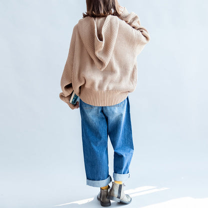 Autumn Thick Khaki Cotton Sweateres Hooded Lantern Sleeve Knitted Tops