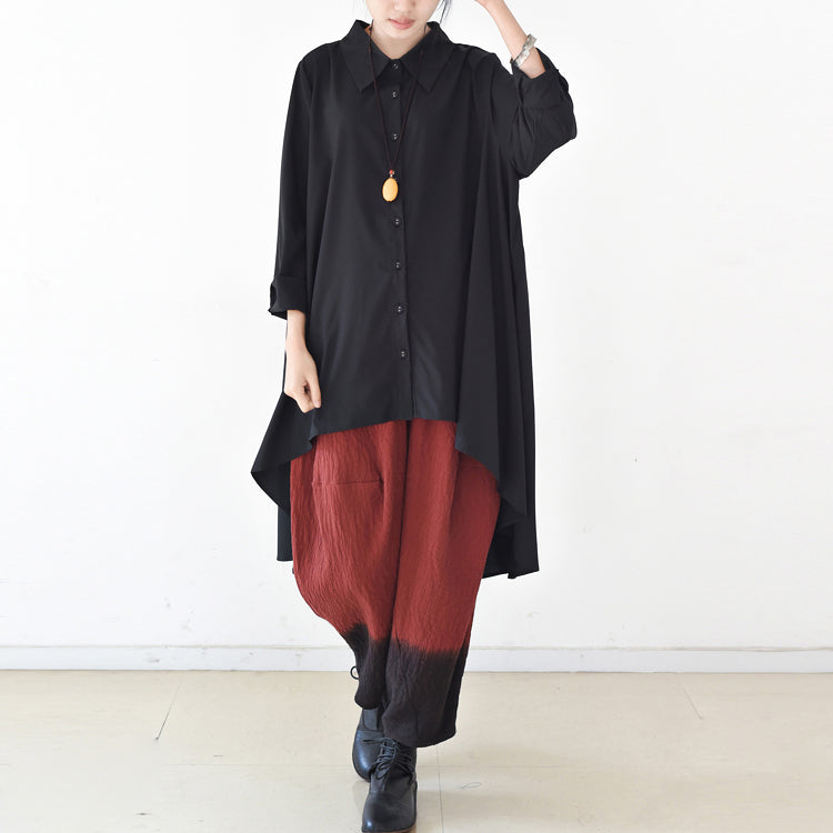 2025 autumn thin black cotton shirts asymmetrical design low high blouses oversized cotton tops
