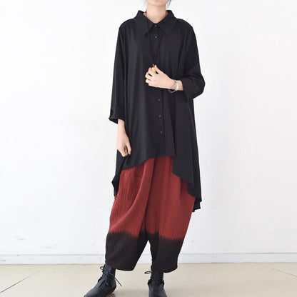 2025 autumn thin black cotton shirts asymmetrical design low high blouses oversized cotton tops