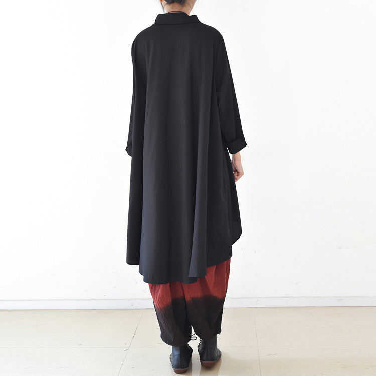 2025 autumn thin black cotton shirts asymmetrical design low high blouses oversized cotton tops