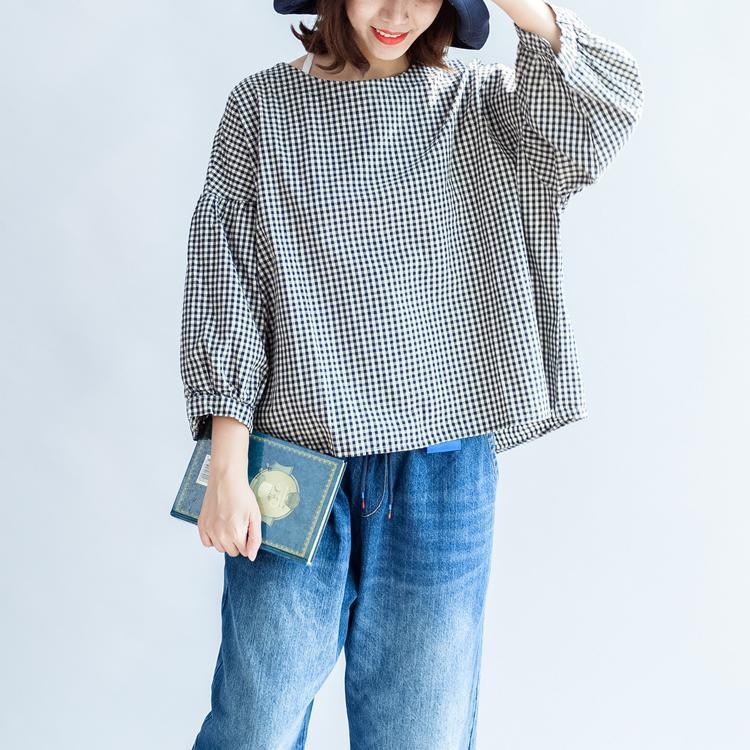 Autumn Thin Cotton Tops Loose Back Button Black White Plaid T Shirt