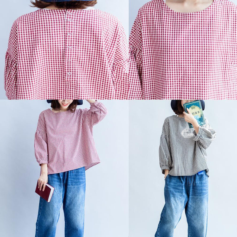 Autumn Thin Cotton Tops Loose Back Button Black White Plaid T Shirt
