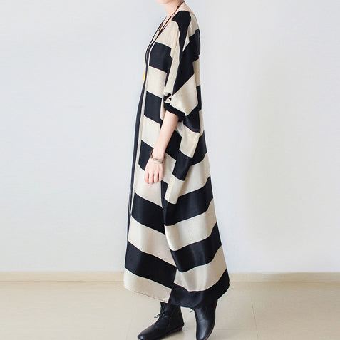 Autumn Trend Stripe Baggy Dresses Silk Caftans Oversized Cotton Gown