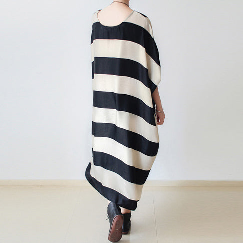 Autumn Trend Stripe Baggy Dresses Silk Caftans Oversized Cotton Gown