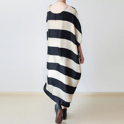 Autumn Trend Stripe Baggy Dresses Silk Caftans Oversized Cotton Gown