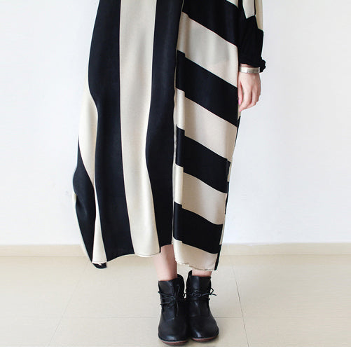 Autumn Trend Stripe Baggy Dresses Silk Caftans Oversized Cotton Gown