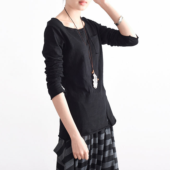 Autumn Tunic Cotton Shirts Black Long Sleeve Woman Tops Blouse Side Open