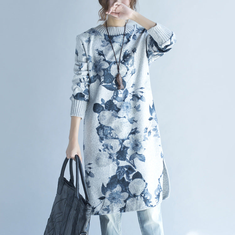 Autumn Winter Gray Print Woolen Knit Dresses Fit Sweater Dress Side Open