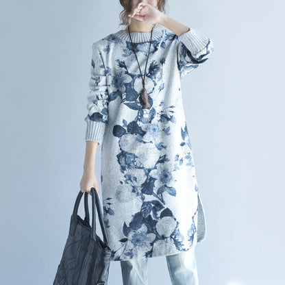 Autumn Winter Gray Print Woolen Knit Dresses Fit Sweater Dress Side Open