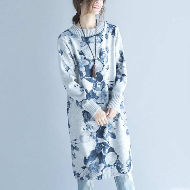 Autumn Winter Gray Print Woolen Knit Dresses Fit Sweater Dress Side Open