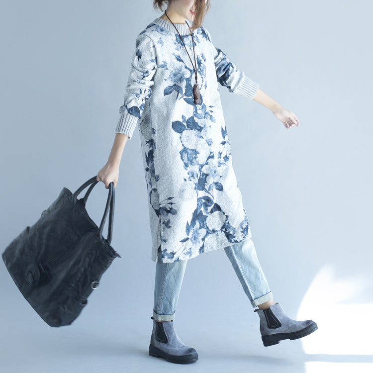 Autumn Winter Gray Print Woolen Knit Dresses Fit Sweater Dress Side Open
