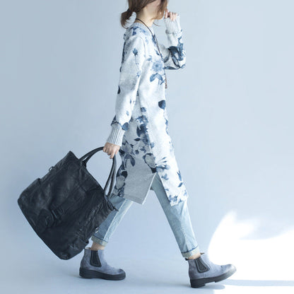 Autumn Winter Gray Print Woolen Knit Dresses Fit Sweater Dress Side Open