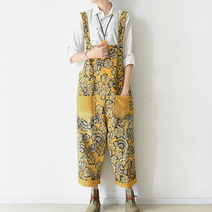 Autumn Yellow Print Jumpsuits Cotton Pants Oversize Fall Outfits