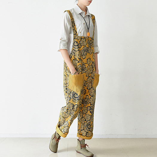 Autumn Yellow Print Jumpsuits Cotton Pants Oversize Fall Outfits
