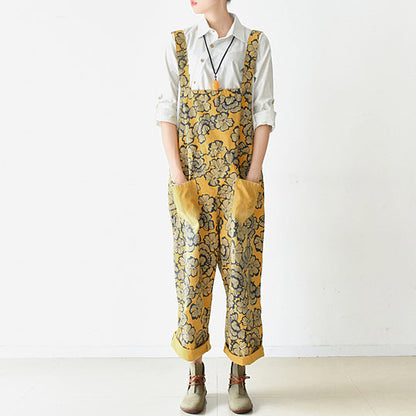 Autumn Yellow Print Jumpsuits Cotton Pants Oversize Fall Outfits