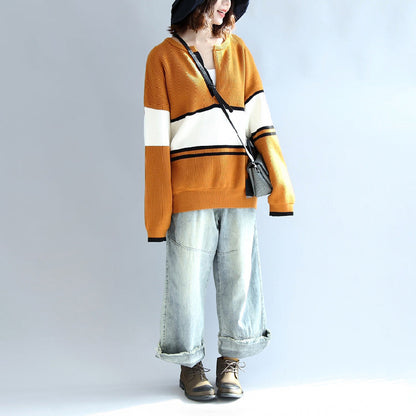 Autumn Yellow White Patchwork Cotton Knitted Tops Neck Front Open Sweater