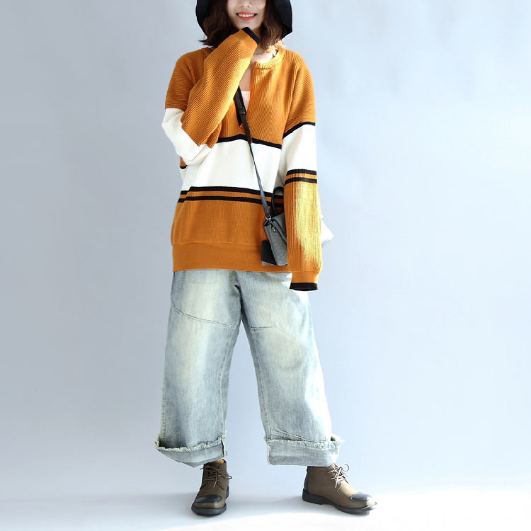 Autumn Yellow White Patchwork Cotton Knitted Tops Neck Front Open Sweater