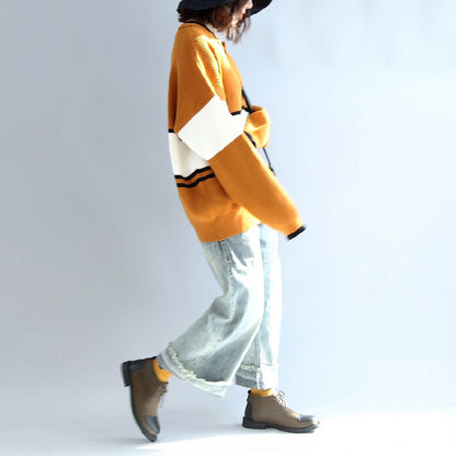 Autumn Yellow White Patchwork Cotton Knitted Tops Neck Front Open Sweater