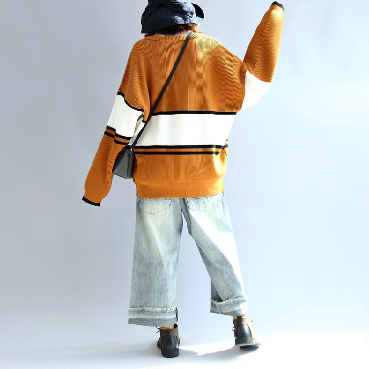 Autumn Yellow White Patchwork Cotton Knitted Tops Neck Front Open Sweater