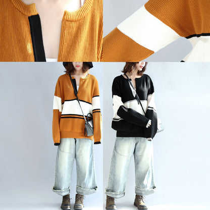 Autumn Yellow White Patchwork Cotton Knitted Tops Neck Front Open Sweater