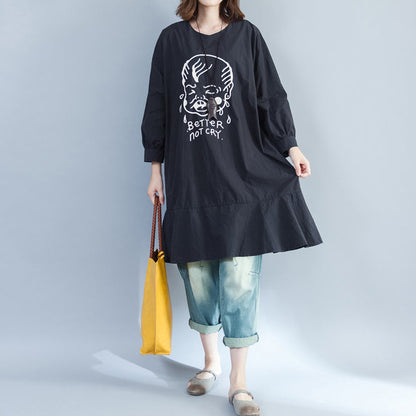 Baggy Loose Black Prints Cotton Dresses Long Fit a Line Dress