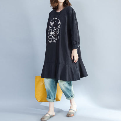 Baggy Loose Black Prints Cotton Dresses Long Fit a Line Dress
