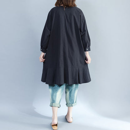 Baggy Loose Black Prints Cotton Dresses Long Fit a Line Dress