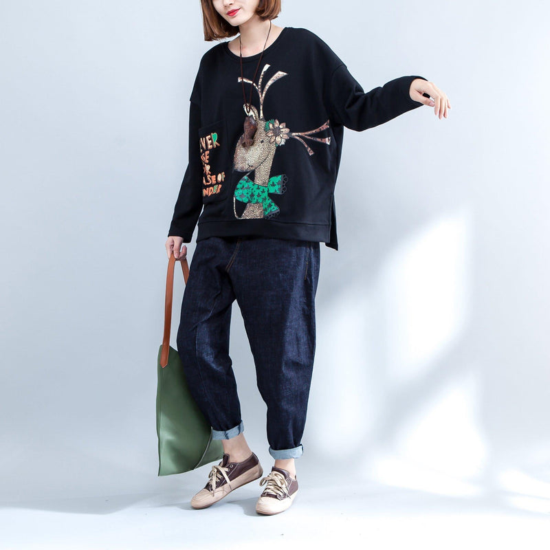 Black Cartoon Print Cotton Tops Oversize O Neck T Shirt Side Open