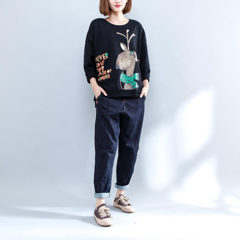 Black Cartoon Print Cotton Tops Oversize O Neck T Shirt Side Open